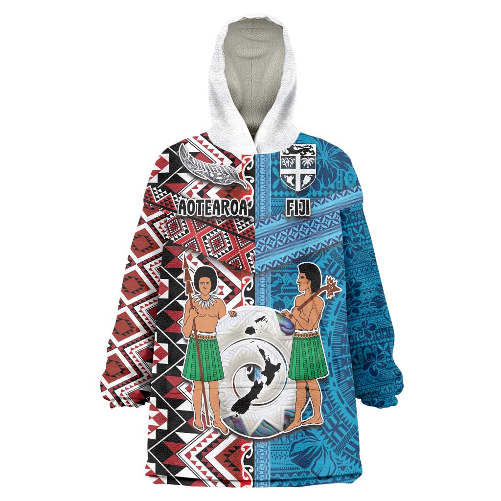 Personalised Aotearoa and Fiji Together Wearable Blanket Hoodie Melanesian Warrior and Koru - Taniko with Hibiscus Tapa Pattern LT03 One Size Blue - Polynesian Pride