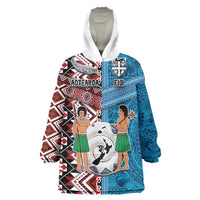 Personalised Aotearoa and Fiji Together Wearable Blanket Hoodie Melanesian Warrior and Koru - Taniko with Hibiscus Tapa Pattern LT03 One Size Blue - Polynesian Pride