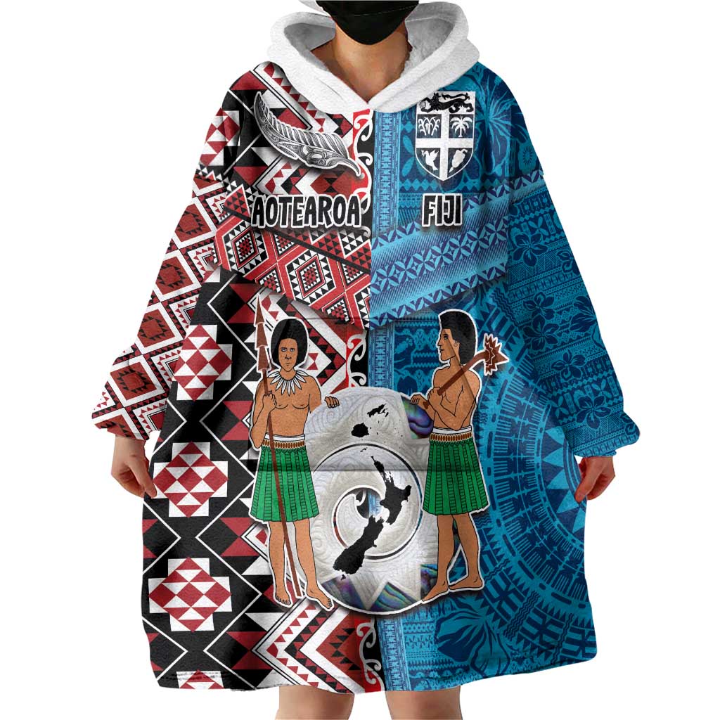 Personalised Aotearoa and Fiji Together Wearable Blanket Hoodie Melanesian Warrior and Koru - Taniko with Hibiscus Tapa Pattern LT03 - Polynesian Pride