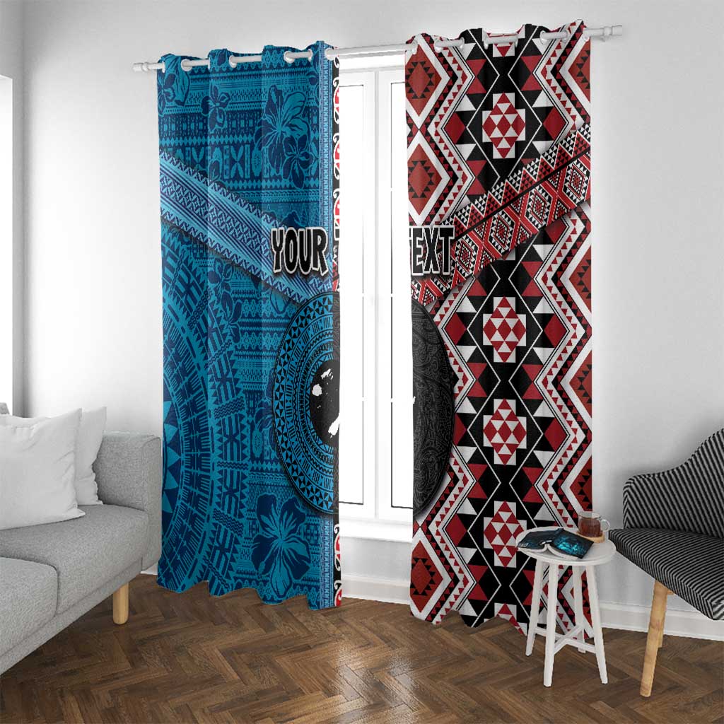 Personalised Aotearoa and Fiji Together Window Curtain Melanesian Warrior and Koru - Taniko with Hibiscus Tapa Pattern