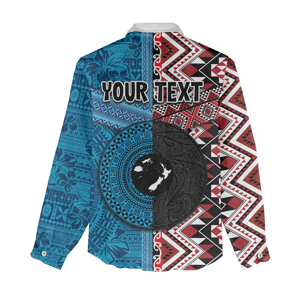 Personalised Aotearoa and Fiji Together Women Casual Shirt Melanesian Warrior and Koru - Taniko with Hibiscus Tapa Pattern LT03 - Polynesian Pride