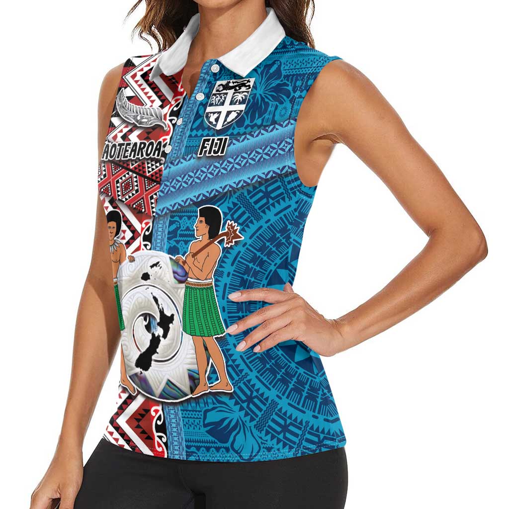 Personalised Aotearoa and Fiji Together Women Sleeveless Polo Shirt Melanesian Warrior and Koru - Taniko with Hibiscus Tapa Pattern LT03 - Polynesian Pride