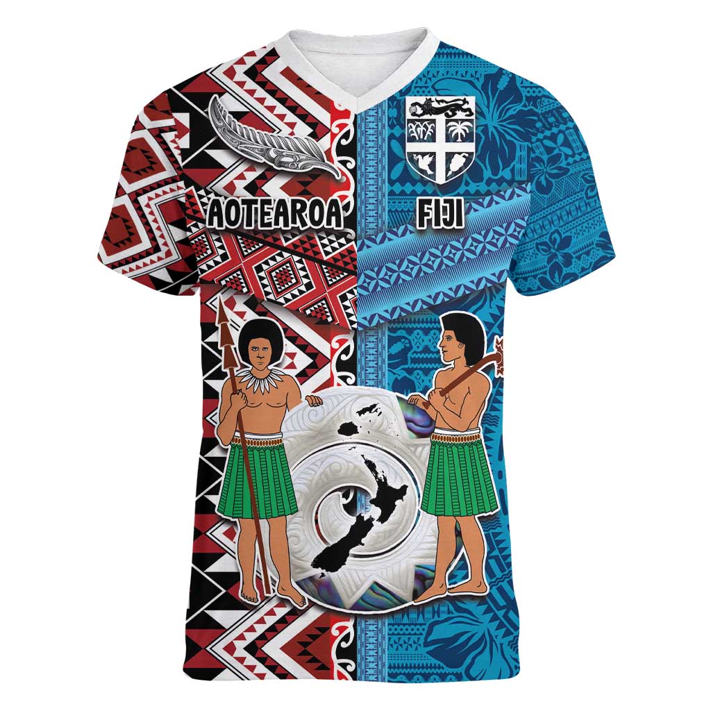Personalised Aotearoa and Fiji Together Women V-Neck T-Shirt Melanesian Warrior and Koru - Taniko with Hibiscus Tapa Pattern LT03 Female Blue - Polynesian Pride