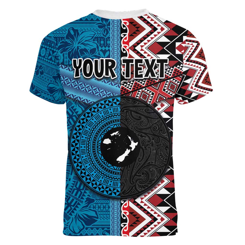 Personalised Aotearoa and Fiji Together Women V-Neck T-Shirt Melanesian Warrior and Koru - Taniko with Hibiscus Tapa Pattern LT03 - Polynesian Pride