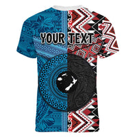 Personalised Aotearoa and Fiji Together Women V-Neck T-Shirt Melanesian Warrior and Koru - Taniko with Hibiscus Tapa Pattern LT03 - Polynesian Pride