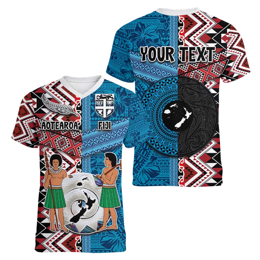 Personalised Aotearoa and Fiji Together Women V-Neck T-Shirt Melanesian Warrior and Koru - Taniko with Hibiscus Tapa Pattern LT03 - Polynesian Pride