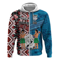 Personalised Aotearoa and Fiji Together Zip Hoodie Melanesian Warrior and Koru - Taniko with Hibiscus Tapa Pattern LT03 Zip Hoodie Blue - Polynesian Pride