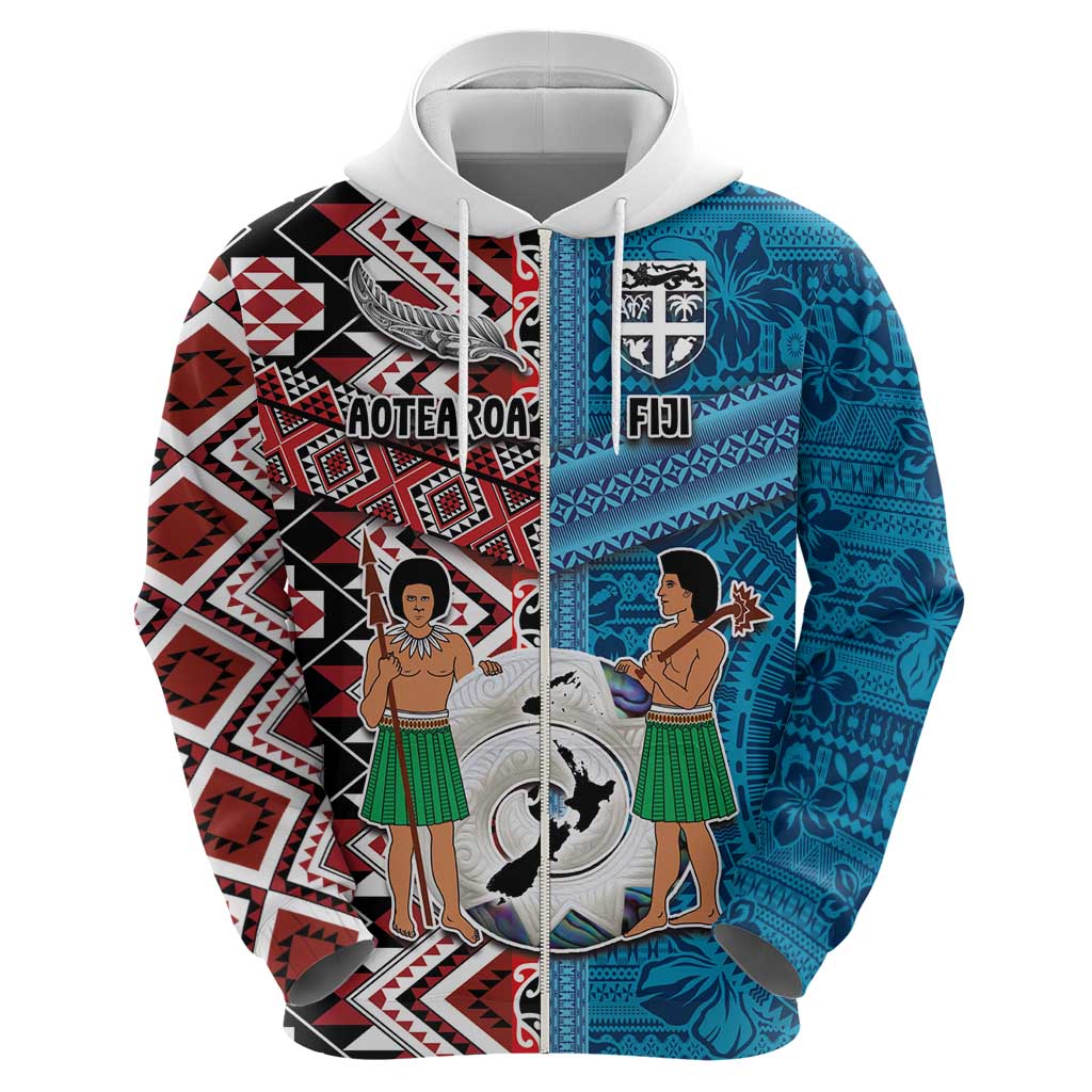 Personalised Aotearoa and Fiji Together Zip Hoodie Melanesian Warrior and Koru - Taniko with Hibiscus Tapa Pattern LT03 - Polynesian Pride