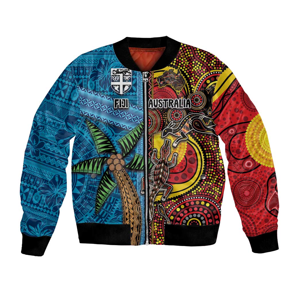 Personalised Australia and Fiji Together Bomber Jacket Tribal Palm Tree with Tapa and Aboriginal Animals Half Style LT03 Unisex Blue - Polynesian Pride