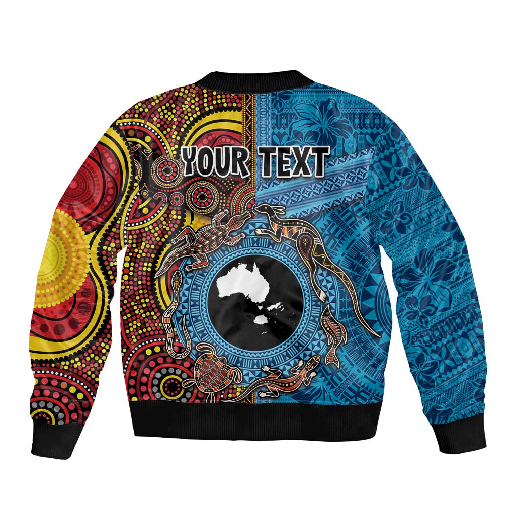 Personalised Australia and Fiji Together Bomber Jacket Tribal Palm Tree with Tapa and Aboriginal Animals Half Style LT03 - Polynesian Pride