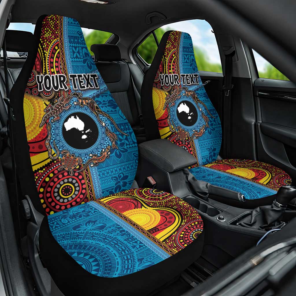 Personalised Australia and Fiji Together Car Seat Cover Tribal Palm Tree with Tapa and Aboriginal Animals Half Style LT03 One Size Blue - Polynesian Pride