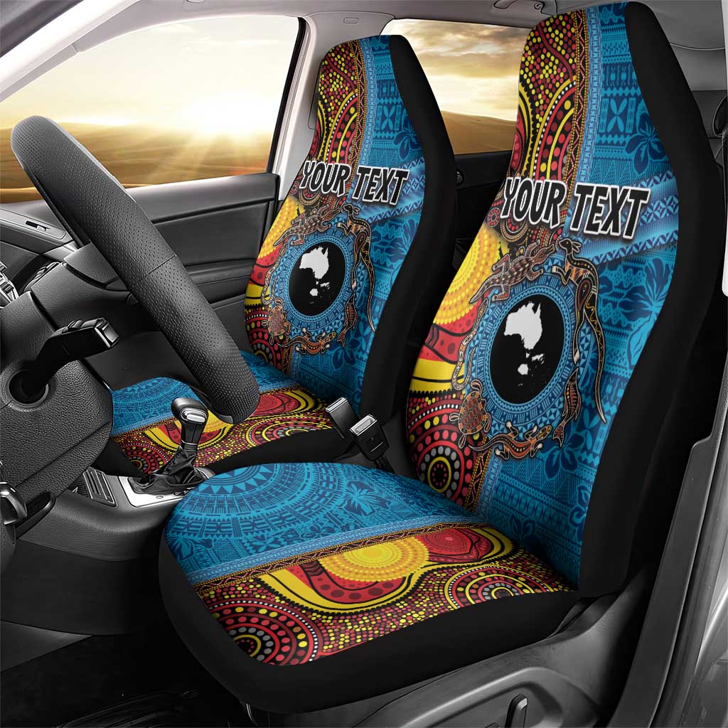 Personalised Australia and Fiji Together Car Seat Cover Tribal Palm Tree with Tapa and Aboriginal Animals Half Style LT03 - Polynesian Pride