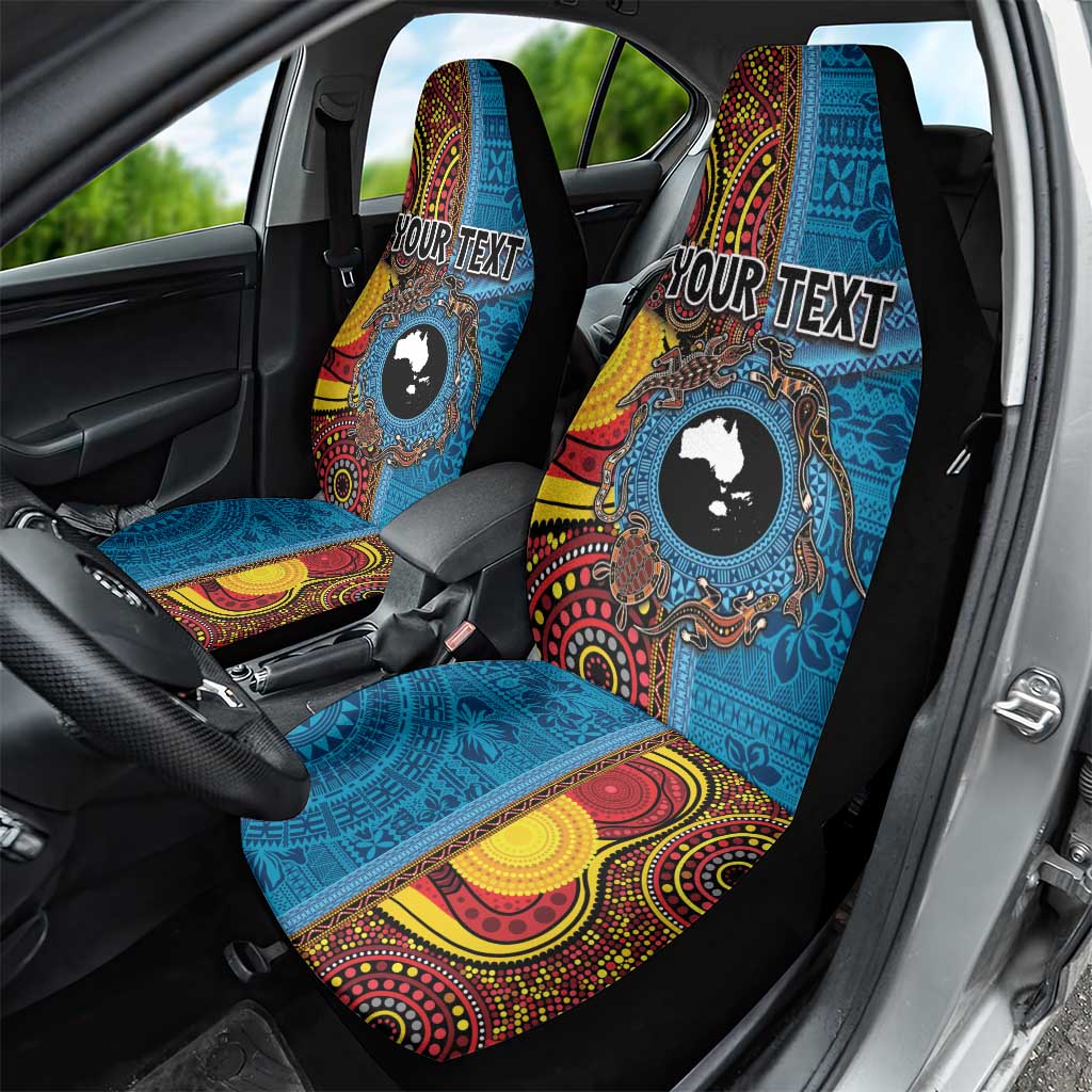 Personalised Australia and Fiji Together Car Seat Cover Tribal Palm Tree with Tapa and Aboriginal Animals Half Style LT03 - Polynesian Pride