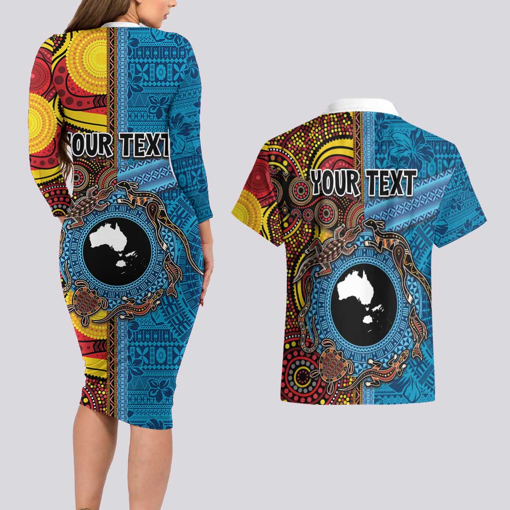 Personalised Australia and Fiji Together Couples Matching Long Sleeve Bodycon Dress and Hawaiian Shirt Tribal Palm Tree with Tapa and Aboriginal Animals Half Style LT03 - Polynesian Pride