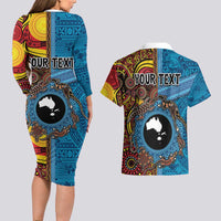 Personalised Australia and Fiji Together Couples Matching Long Sleeve Bodycon Dress and Hawaiian Shirt Tribal Palm Tree with Tapa and Aboriginal Animals Half Style LT03 - Polynesian Pride