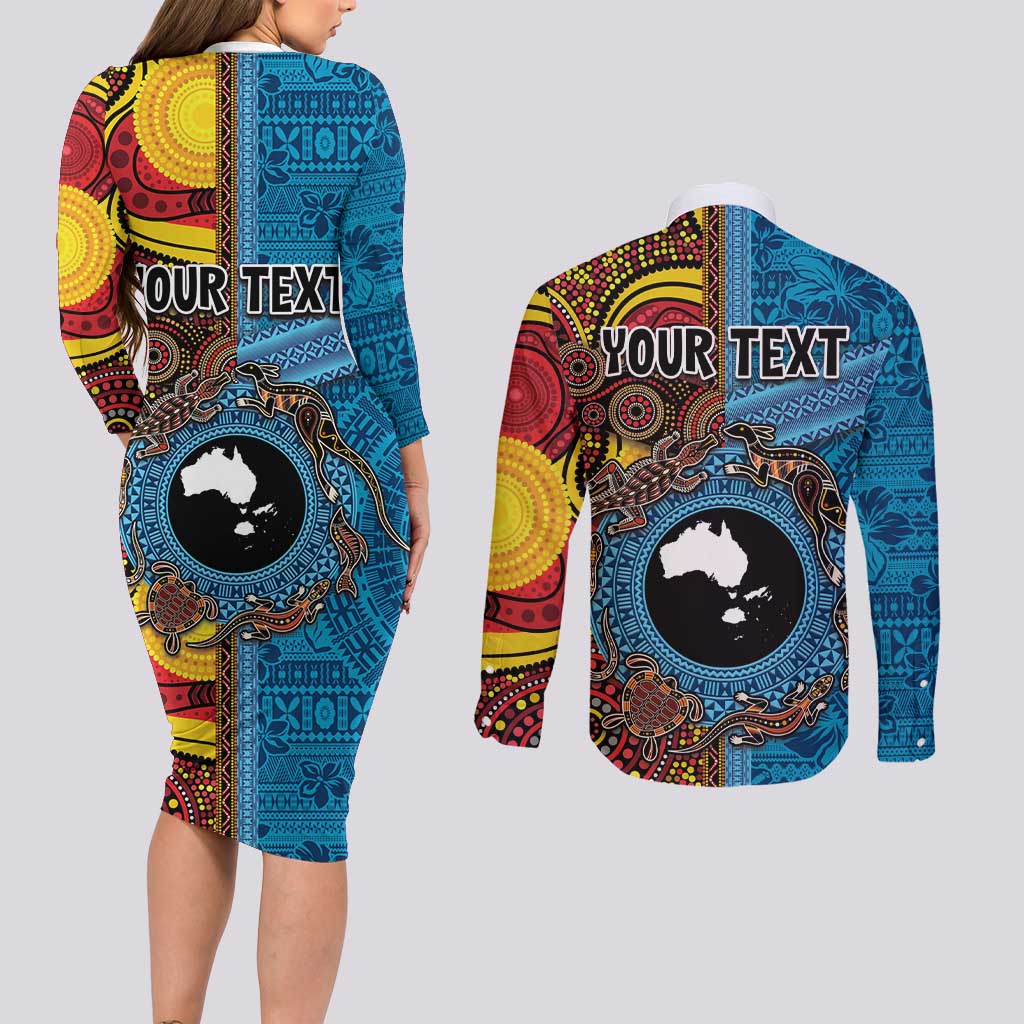 Personalised Australia and Fiji Together Couples Matching Long Sleeve Bodycon Dress and Long Sleeve Button Shirt Tribal Palm Tree with Tapa and Aboriginal Animals Half Style LT03 - Polynesian Pride