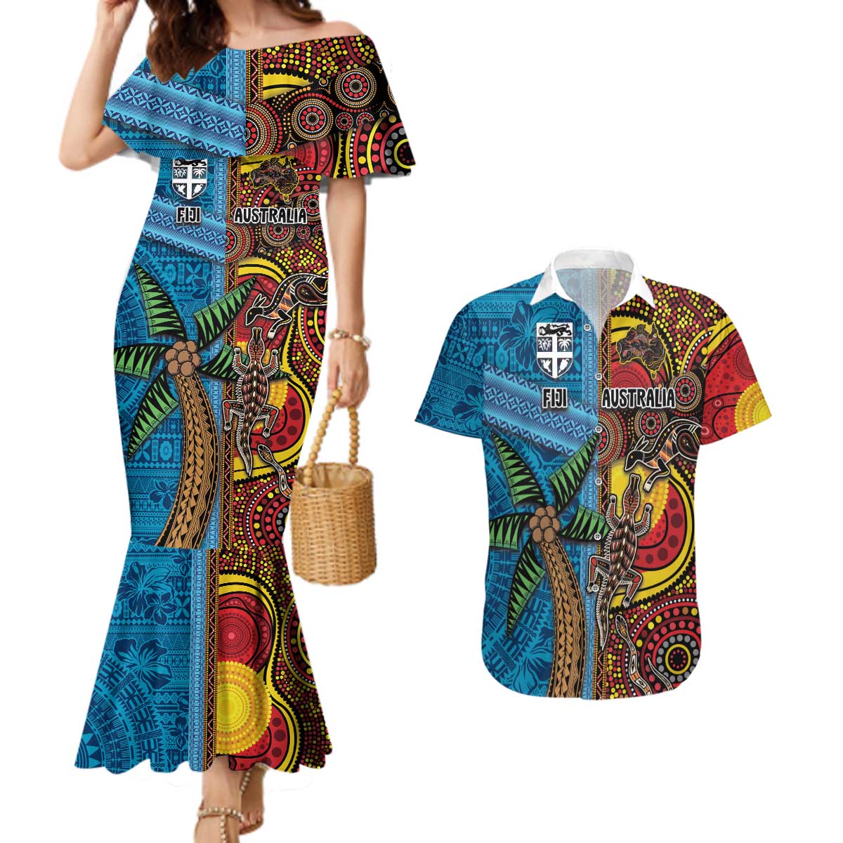 Personalised Australia and Fiji Together Couples Matching Mermaid Dress and Hawaiian Shirt Tribal Palm Tree with Tapa and Aboriginal Animals Half Style LT03 Blue - Polynesian Pride
