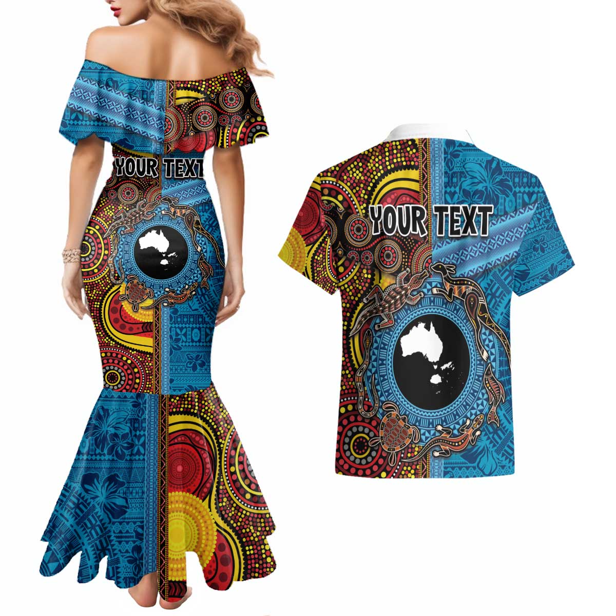 Personalised Australia and Fiji Together Couples Matching Mermaid Dress and Hawaiian Shirt Tribal Palm Tree with Tapa and Aboriginal Animals Half Style LT03 - Polynesian Pride