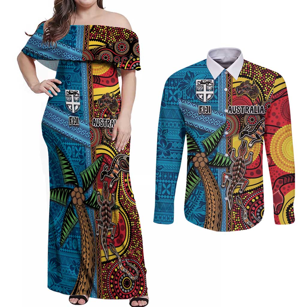 Personalised Australia and Fiji Together Couples Matching Off Shoulder Maxi Dress and Long Sleeve Button Shirt Tribal Palm Tree with Tapa and Aboriginal Animals Half Style LT03 Blue - Polynesian Pride