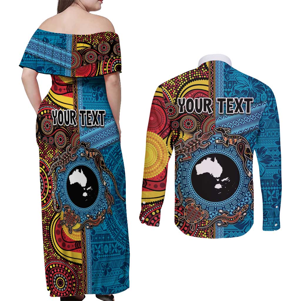 Personalised Australia and Fiji Together Couples Matching Off Shoulder Maxi Dress and Long Sleeve Button Shirt Tribal Palm Tree with Tapa and Aboriginal Animals Half Style LT03 - Polynesian Pride