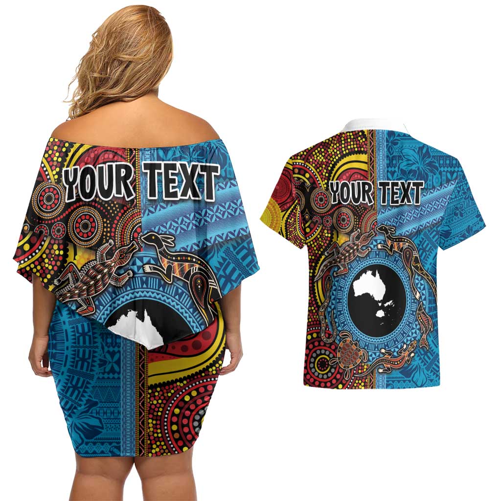 Personalised Australia and Fiji Together Couples Matching Off Shoulder Short Dress and Hawaiian Shirt Tribal Palm Tree with Tapa and Aboriginal Animals Half Style LT03 - Polynesian Pride