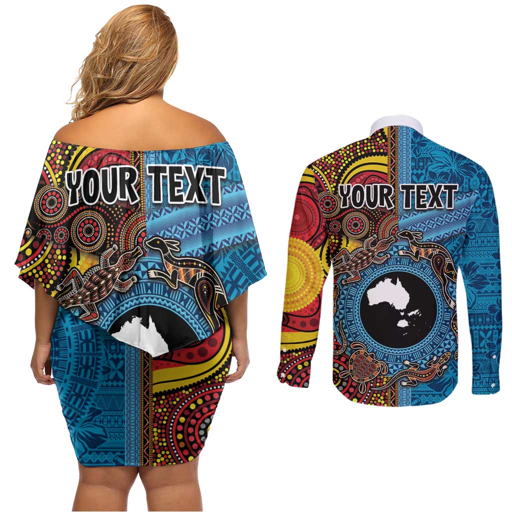 Personalised Australia and Fiji Together Couples Matching Off Shoulder Short Dress and Long Sleeve Button Shirt Tribal Palm Tree with Tapa and Aboriginal Animals Half Style LT03 - Polynesian Pride
