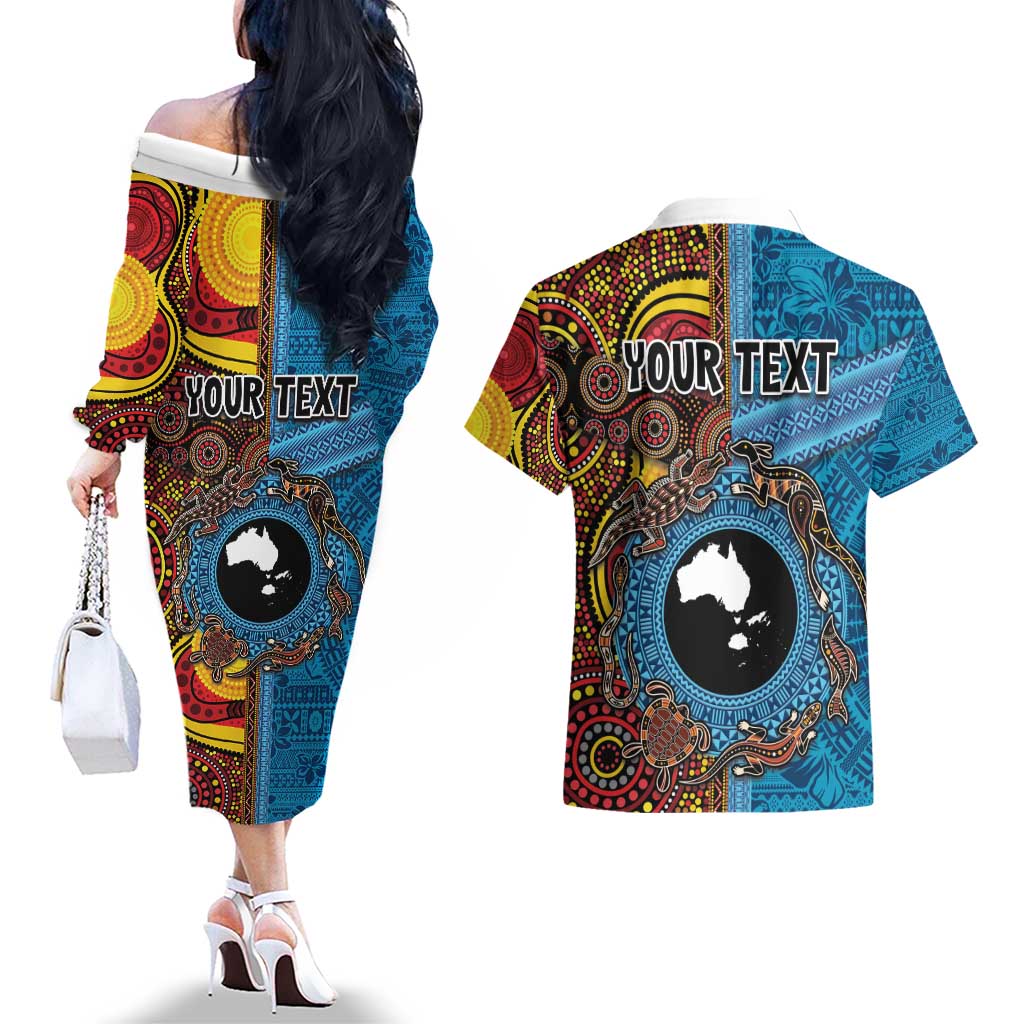 Personalised Australia and Fiji Together Couples Matching Off The Shoulder Long Sleeve Dress and Hawaiian Shirt Tribal Palm Tree with Tapa and Aboriginal Animals Half Style LT03 - Polynesian Pride