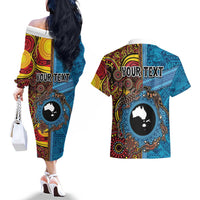 Personalised Australia and Fiji Together Couples Matching Off The Shoulder Long Sleeve Dress and Hawaiian Shirt Tribal Palm Tree with Tapa and Aboriginal Animals Half Style LT03 - Polynesian Pride