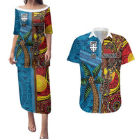 Personalised Australia and Fiji Together Couples Matching Puletasi and Hawaiian Shirt Tribal Palm Tree with Tapa and Aboriginal Animals Half Style LT03 Blue - Polynesian Pride