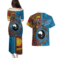 Personalised Australia and Fiji Together Couples Matching Puletasi and Hawaiian Shirt Tribal Palm Tree with Tapa and Aboriginal Animals Half Style LT03 - Polynesian Pride