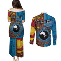 Personalised Australia and Fiji Together Couples Matching Puletasi and Long Sleeve Button Shirt Tribal Palm Tree with Tapa and Aboriginal Animals Half Style LT03 - Polynesian Pride