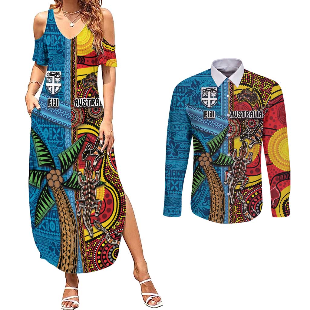 Personalised Australia and Fiji Together Couples Matching Summer Maxi Dress and Long Sleeve Button Shirt Tribal Palm Tree with Tapa and Aboriginal Animals Half Style LT03 Blue - Polynesian Pride