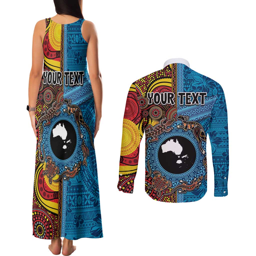 Personalised Australia and Fiji Together Couples Matching Tank Maxi Dress and Long Sleeve Button Shirt Tribal Palm Tree with Tapa and Aboriginal Animals Half Style LT03 - Polynesian Pride