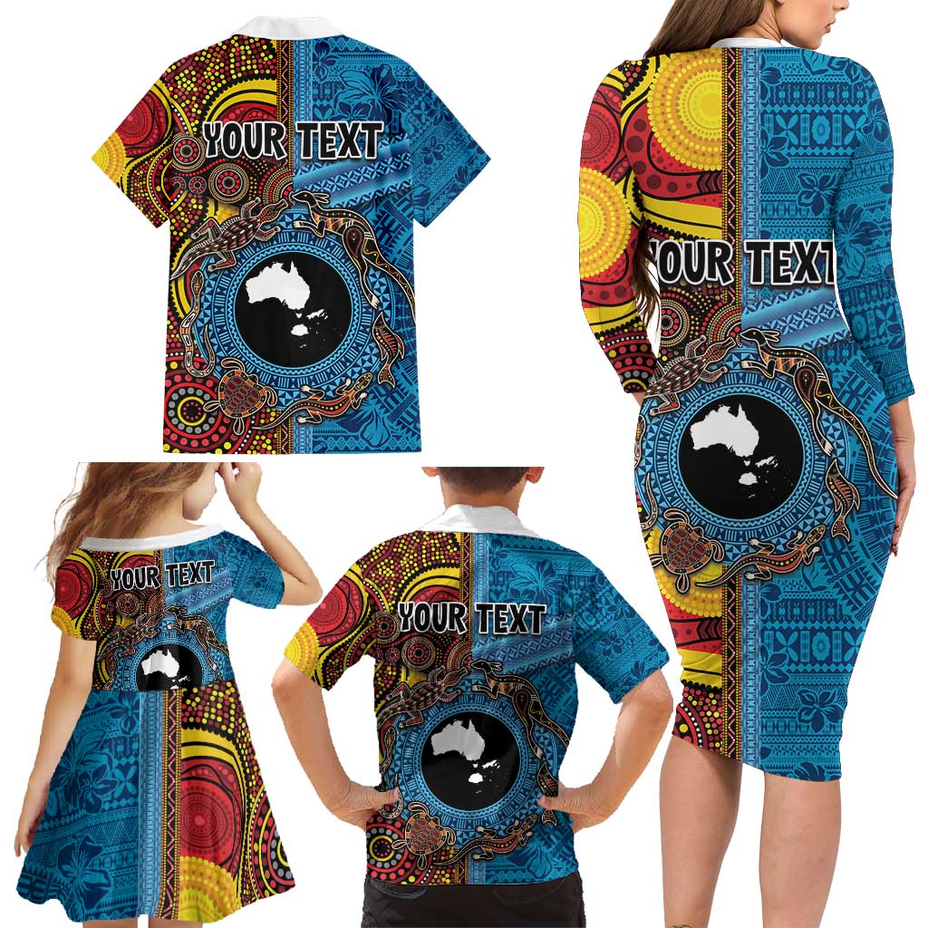 Personalised Australia and Fiji Together Family Matching Long Sleeve Bodycon Dress and Hawaiian Shirt Tribal Palm Tree with Tapa and Aboriginal Animals Half Style LT03 - Polynesian Pride
