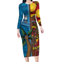 Personalised Australia and Fiji Together Family Matching Long Sleeve Bodycon Dress and Hawaiian Shirt Tribal Palm Tree with Tapa and Aboriginal Animals Half Style LT03 Mom's Dress Blue - Polynesian Pride