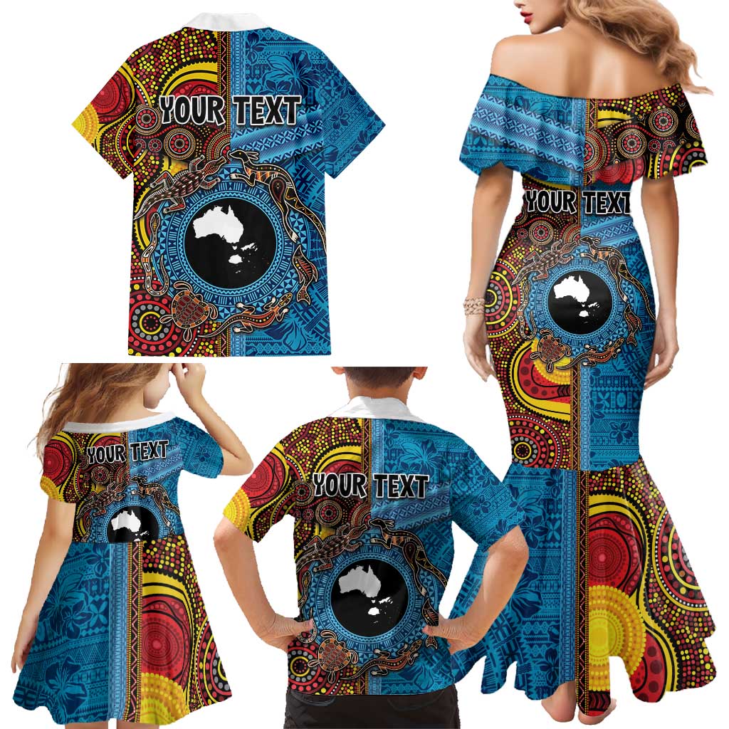 Personalised Australia and Fiji Together Family Matching Mermaid Dress and Hawaiian Shirt Tribal Palm Tree with Tapa and Aboriginal Animals Half Style LT03 - Polynesian Pride