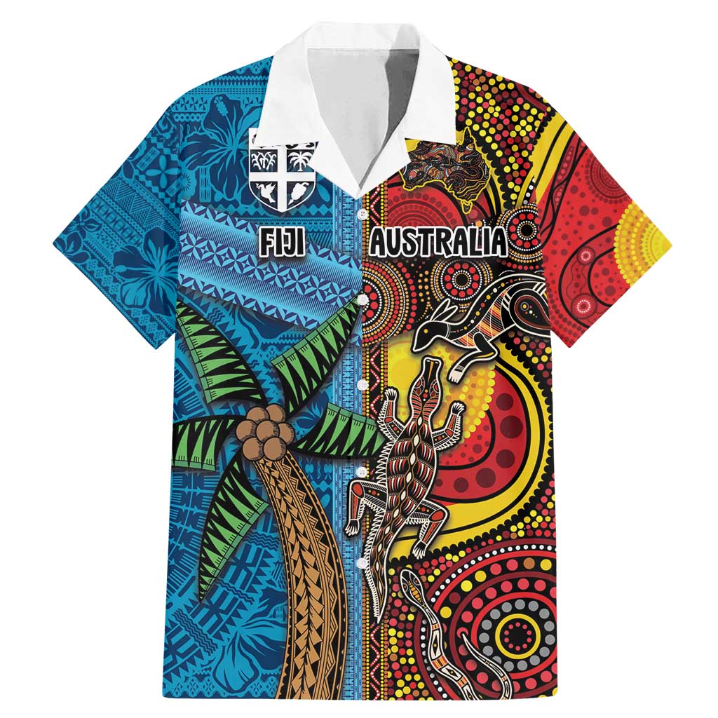 Personalised Australia and Fiji Together Family Matching Mermaid Dress and Hawaiian Shirt Tribal Palm Tree with Tapa and Aboriginal Animals Half Style LT03 Dad's Shirt - Short Sleeve Blue - Polynesian Pride