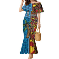 Personalised Australia and Fiji Together Family Matching Mermaid Dress and Hawaiian Shirt Tribal Palm Tree with Tapa and Aboriginal Animals Half Style LT03 Mom's Dress Blue - Polynesian Pride