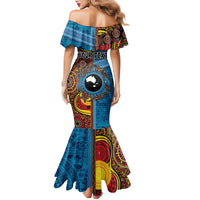 Personalised Australia and Fiji Together Family Matching Mermaid Dress and Hawaiian Shirt Tribal Palm Tree with Tapa and Aboriginal Animals Half Style LT03 - Polynesian Pride