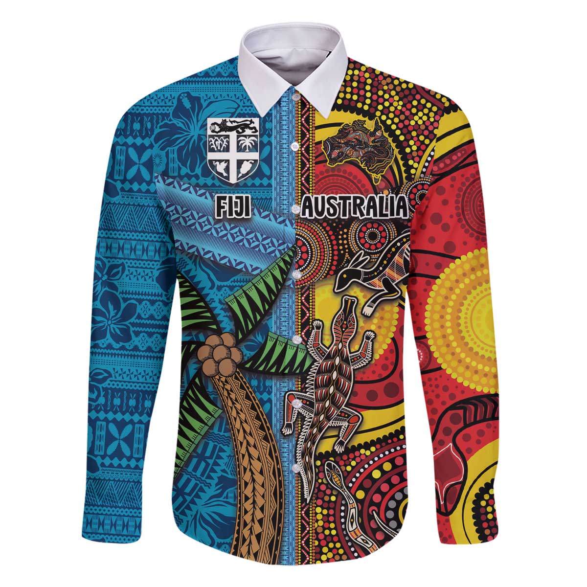 Personalised Australia and Fiji Together Family Matching Off The Shoulder Long Sleeve Dress and Hawaiian Shirt Tribal Palm Tree with Tapa and Aboriginal Animals Half Style LT03 Dad's Shirt - Long Sleeve Blue - Polynesian Pride