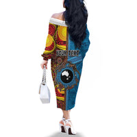 Personalised Australia and Fiji Together Family Matching Off The Shoulder Long Sleeve Dress and Hawaiian Shirt Tribal Palm Tree with Tapa and Aboriginal Animals Half Style LT03 - Polynesian Pride