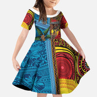 Personalised Australia and Fiji Together Family Matching Off Shoulder Maxi Dress and Hawaiian Shirt Tribal Palm Tree with Tapa and Aboriginal Animals Half Style LT03 Daughter's Dress Blue - Polynesian Pride