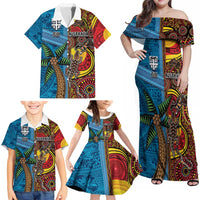 Personalised Australia and Fiji Together Family Matching Off Shoulder Maxi Dress and Hawaiian Shirt Tribal Palm Tree with Tapa and Aboriginal Animals Half Style LT03 - Polynesian Pride