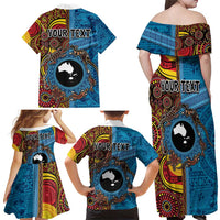 Personalised Australia and Fiji Together Family Matching Off Shoulder Maxi Dress and Hawaiian Shirt Tribal Palm Tree with Tapa and Aboriginal Animals Half Style LT03 - Polynesian Pride