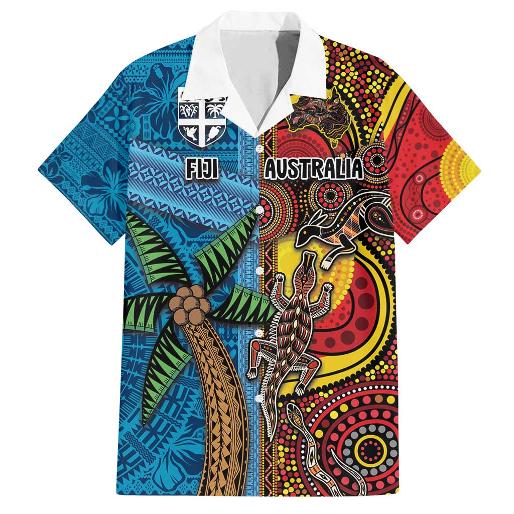 Personalised Australia and Fiji Together Family Matching Off Shoulder Maxi Dress and Hawaiian Shirt Tribal Palm Tree with Tapa and Aboriginal Animals Half Style LT03 Dad's Shirt - Short Sleeve Blue - Polynesian Pride