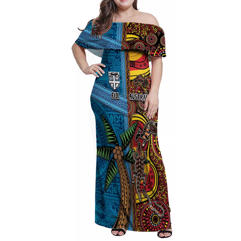 Personalised Australia and Fiji Together Family Matching Off Shoulder Maxi Dress and Hawaiian Shirt Tribal Palm Tree with Tapa and Aboriginal Animals Half Style LT03 Mom's Dress Blue - Polynesian Pride