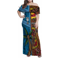 Personalised Australia and Fiji Together Family Matching Off Shoulder Maxi Dress and Hawaiian Shirt Tribal Palm Tree with Tapa and Aboriginal Animals Half Style LT03 Mom's Dress Blue - Polynesian Pride