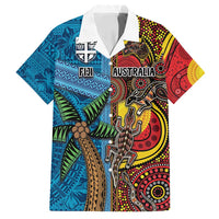 Personalised Australia and Fiji Together Family Matching Off Shoulder Short Dress and Hawaiian Shirt Tribal Palm Tree with Tapa and Aboriginal Animals Half Style LT03 Dad's Shirt - Short Sleeve Blue - Polynesian Pride