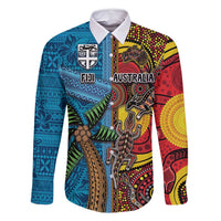 Personalised Australia and Fiji Together Family Matching Off Shoulder Short Dress and Hawaiian Shirt Tribal Palm Tree with Tapa and Aboriginal Animals Half Style LT03 Dad's Shirt - Long Sleeve Blue - Polynesian Pride