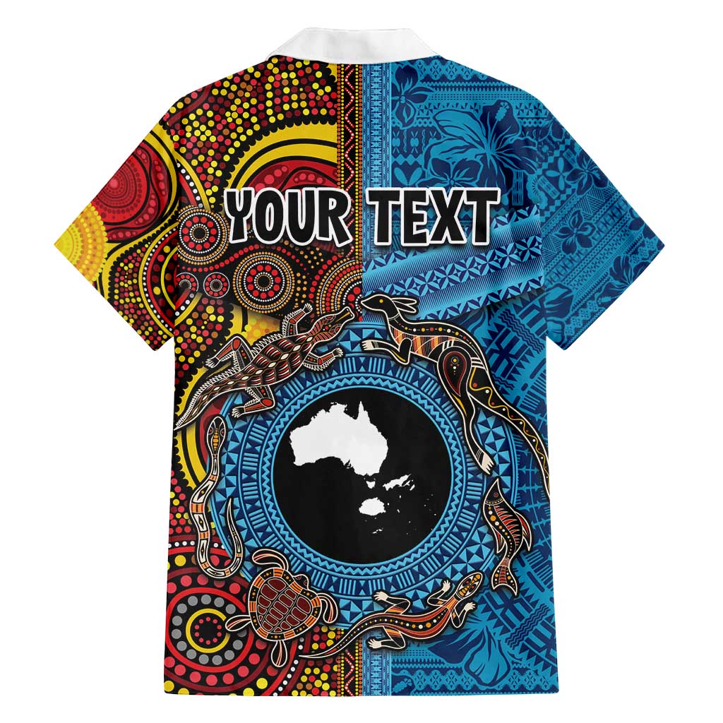 Personalised Australia and Fiji Together Family Matching Puletasi and Hawaiian Shirt Tribal Palm Tree with Tapa and Aboriginal Animals Half Style LT03 - Polynesian Pride